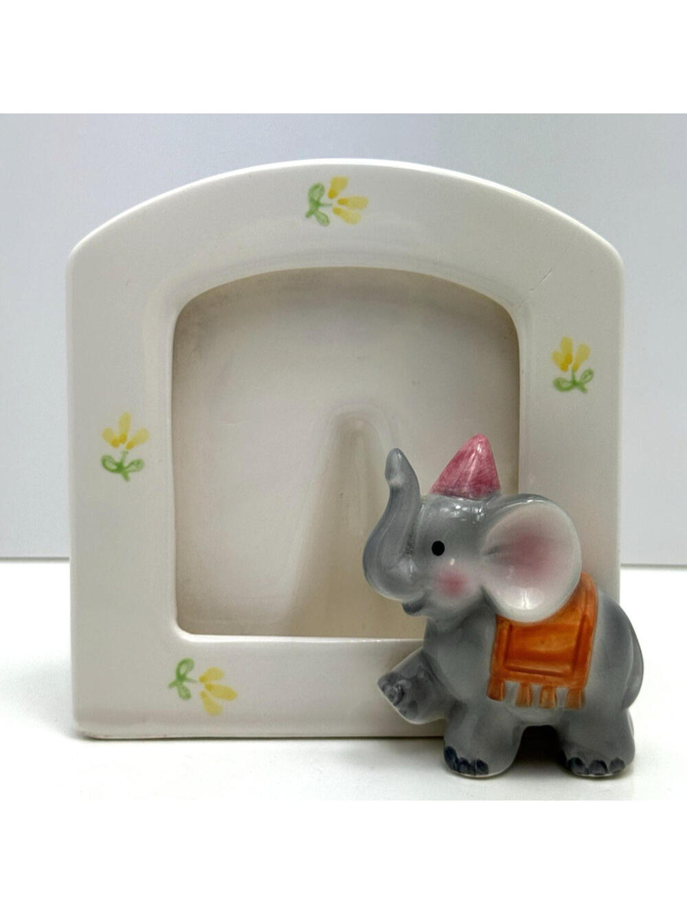 Vtg Mini Circus Elephant Ceramic Photo Frame Japan Flowers Hand Painted CUTE